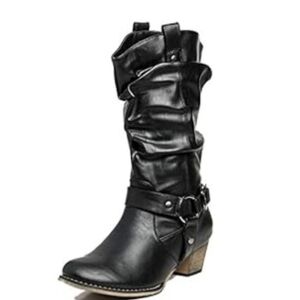 Refresh Black Fold-Over Buckle Ankle Boots
